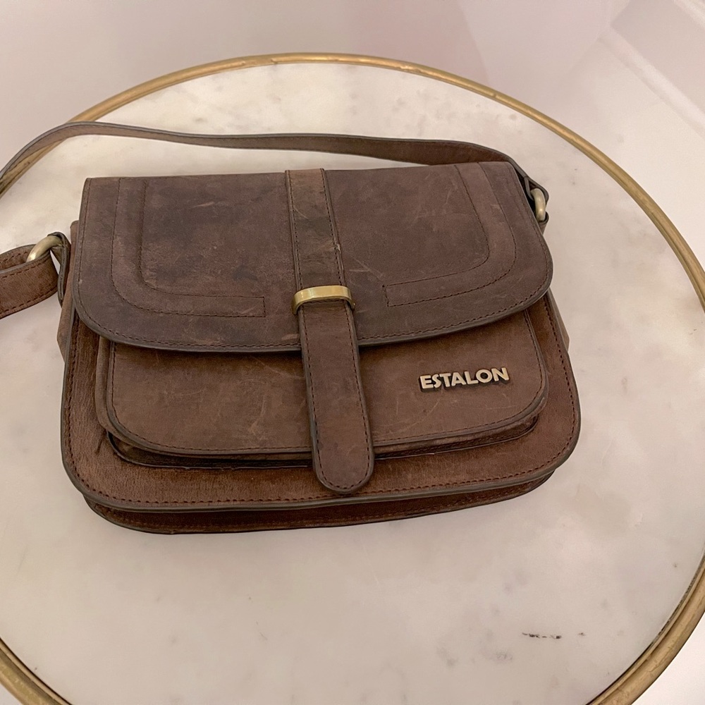 Estalon | Dark brown leather crossbody saddle bag.
